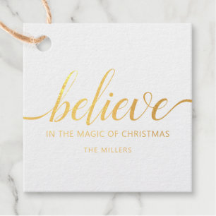 Believe Christmas Script Green Foil Favor Tags