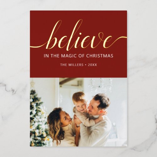 Believe Christmas Script Photo Red Foil Holiday Card