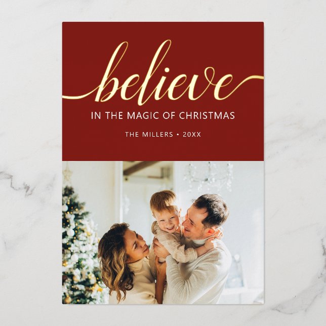 Believe Christmas Script Photo Red Foil Holiday Card (Front)