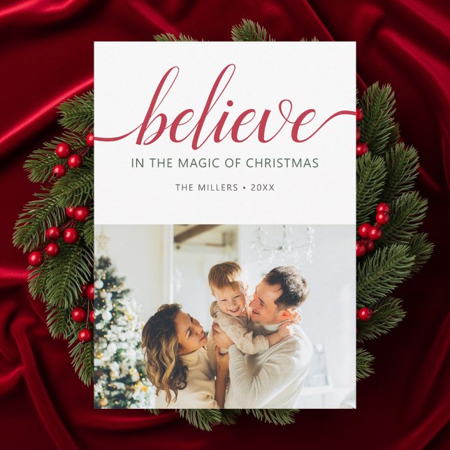 Believe Christmas Script Photo White Holiday Card (Creator Uploaded)