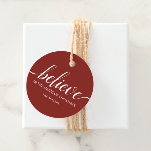 Believe Christmas Script Red Favor Tags