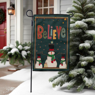 Believe Christmas Snowmen Holiday Hearts Stars Garden Flag