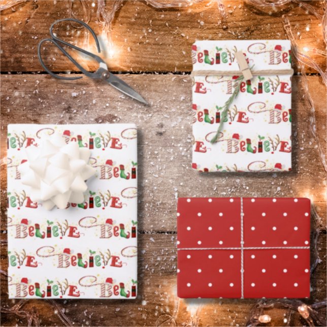 BELIEVE Christmas Spirit Festive Cute Typography Wrapping Paper Sheets (Creator Uploaded)