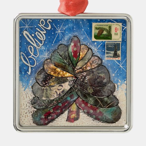 Believe Christmas Tree and Stamps Metal Ornament