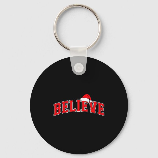 Believe Christmas Varsity Text With Santa Hat Fami Keychain (Front)