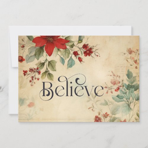 Believe Christmas Vintage Floral Christian Flat Holiday Card