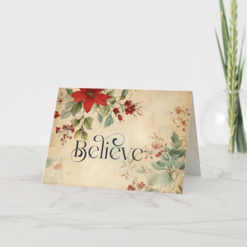 Believe Christmas Vintage Poinsettia Bible Verse Holiday Card