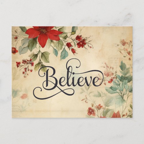 Believe Christmas Vintage Poinsettia Bible Verse Holiday Postcard