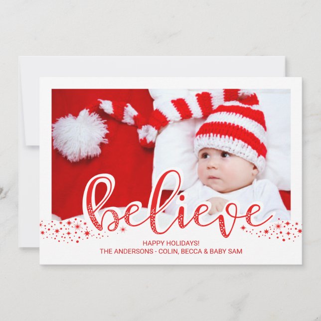 Believe Christmas Whimsical Hand Script Photo Holiday Card (Front)