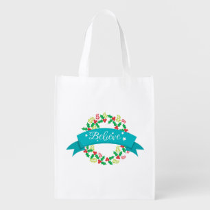 Believe Christmas Wreath Reusable Grocery Bag