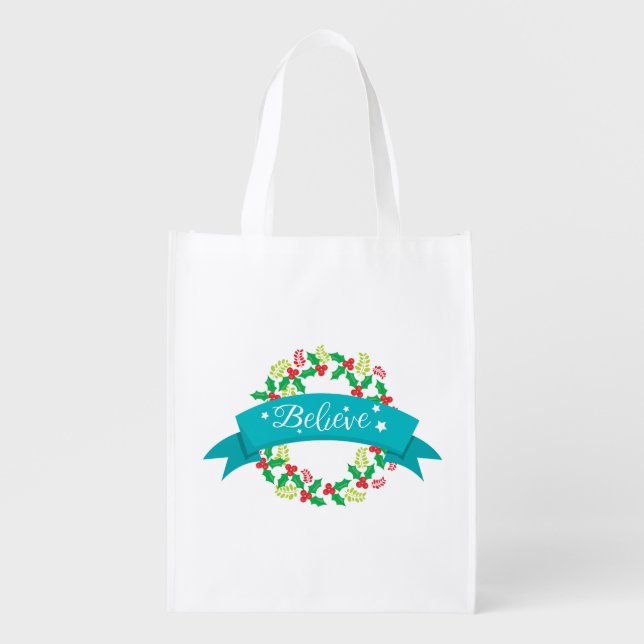 Believe Christmas Wreath Reusable Grocery Bag (Front)
