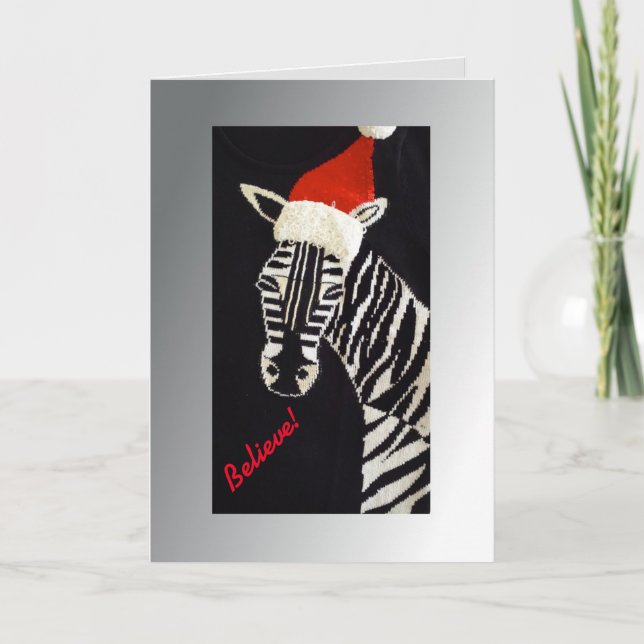 Believe! Christmas Zebra with Red Santa Hat Holiday Card (Front)