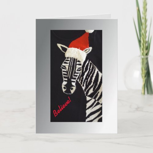 Believe Christmas Zebra with Red Santa Hat Holiday Card