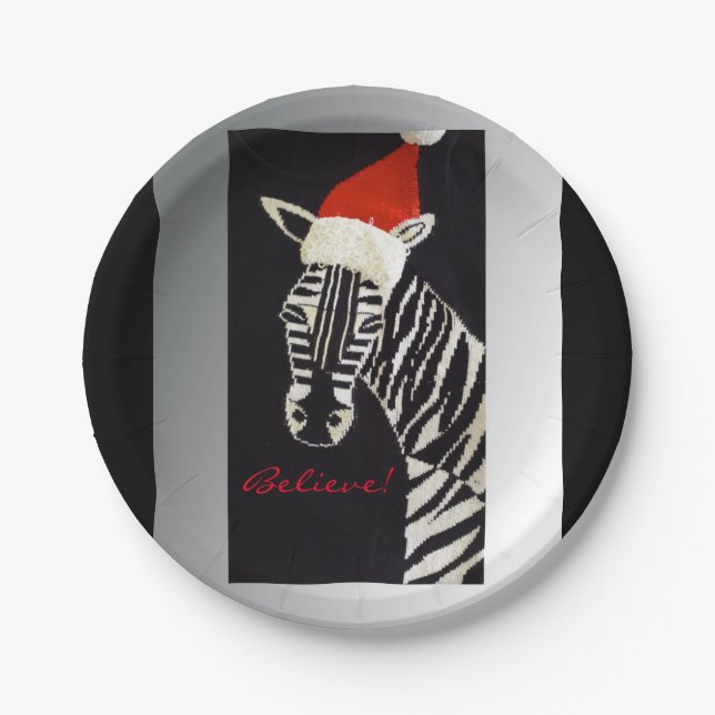 Believe! Christmas Zebra with Red Santa Hat Paper Plates (Front)