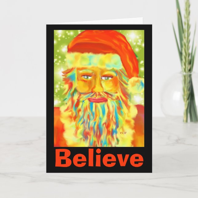 Believe Colorful Santa Holiday Greeting Card (Front)
