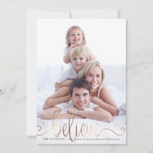 BELIEVE Copper Blush Handwritten Script Photo Holiday Card