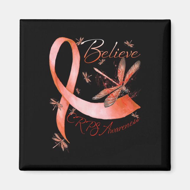 Believe CRPS Awareness Orange Ribbon Dragonfly Lov Magnet (Front)