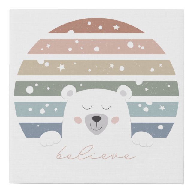 Believe, Cute Polar Bear, BOHO Faux Canvas Print (Front)