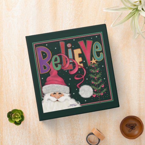 Believe Cute Santa Merry Christmas Pink Festive 3 Ring Binder