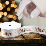 BELIEVE Cute Santa Typography Christmas Satin Ribbon<br><div class="desc">Creative BELIEVE in a festive red and green Santa,  elves and reindeer typography repeating design pattern. Contact the designer via Zazzle Chat or makeitaboutyoustore@gmail.com if you'd like this design on another product.</div>