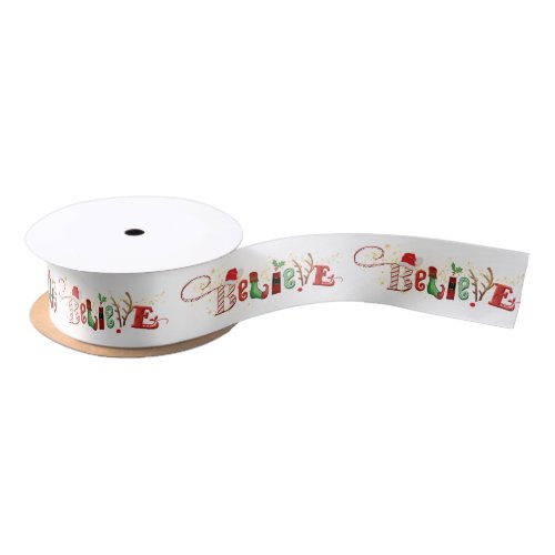 BELIEVE Cute Santa Typography Christmas Satin Ribbon