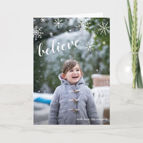 Believe Cute Snowflakes Simple Photo Christmas Holiday Card