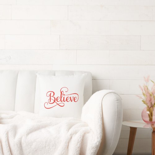 Believe Decorative Red Script White Christmas  Throw Pillow