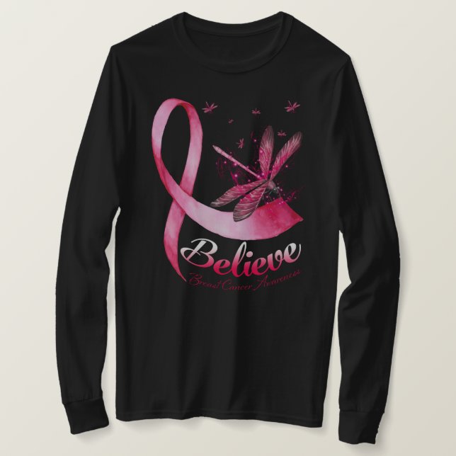 Believe Dragonfly Pink Ribbon Breast Cancer Awaren T-Shirt (Design Front)