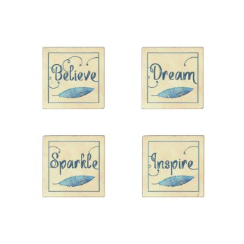Believe Dream Inspire Sparkle Feather Watercolor Stone Magnet by teeloft at Zazzle