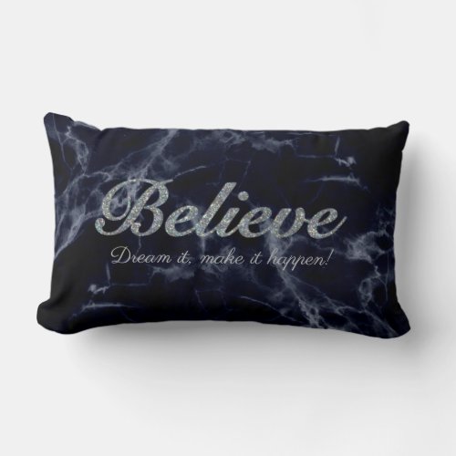 Believe Elegant Blue Marble Silver Glitter Lumbar Pillow