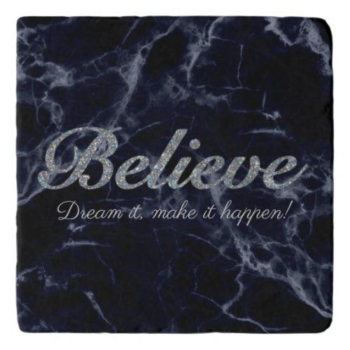 Believe Elegant Blue Marble Silver Glitter Trivet