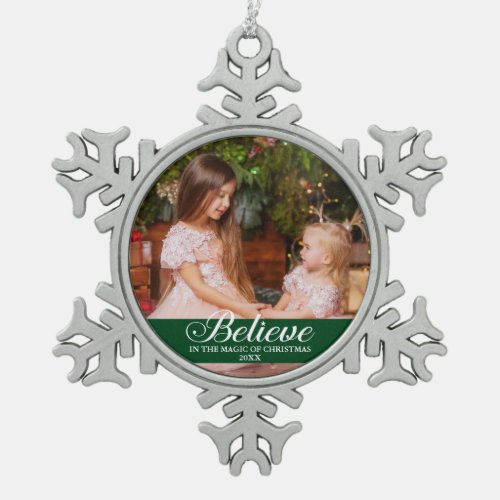 Believe Elegant Calligraphy Family Photo Green Snowflake Pewter Christmas Ornament
