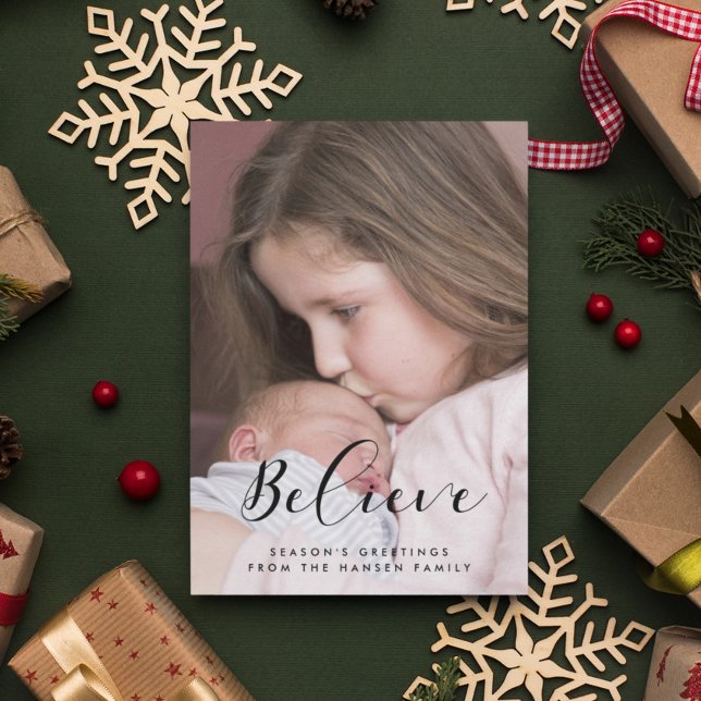 Believe Elegant Calligraphy Family Photo Holiday Card (Creator Uploaded)