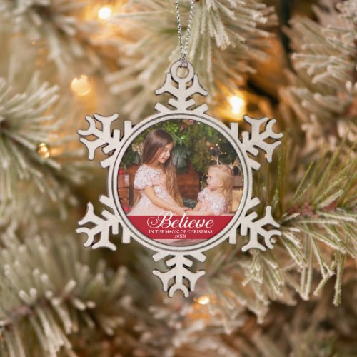 Believe Elegant Calligraphy Family Photo Red Snowflake Pewter Christmas Ornament