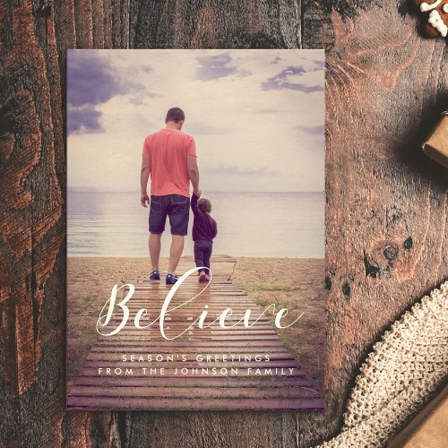 Believe Elegant hand lettering holiday photo card