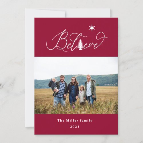 Believe elegant script holiday photo card