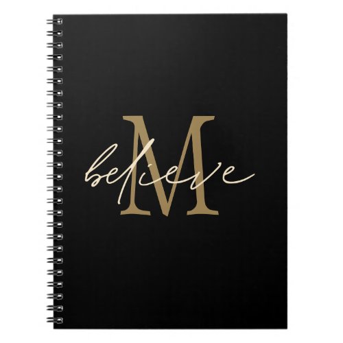Believe Encouragement Gold Monogram Initial Black Notebook