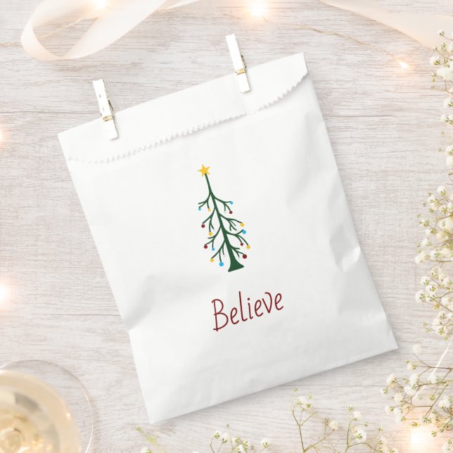 Believe Evergreen Tree Modern Christmas Party  Favor Bag (Clipped)