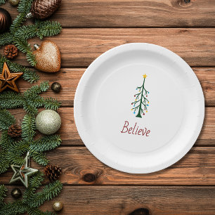 Believe Evergreen Tree Modern Christmas Party Paper Plates
