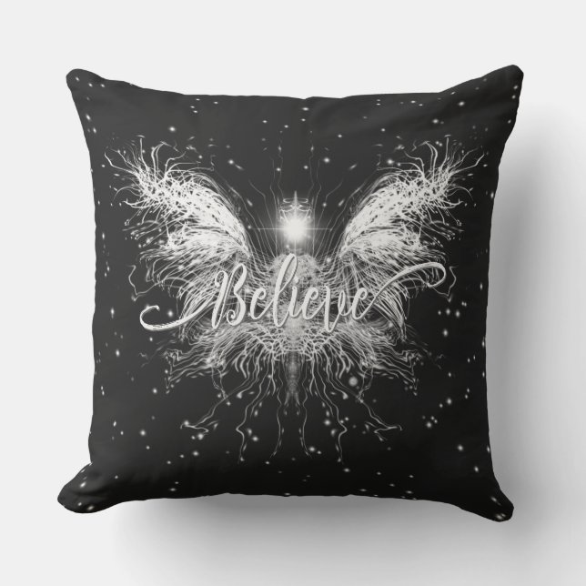 Believe Fairy Starlight Fantasy Black Outdoor Pillow (Front)