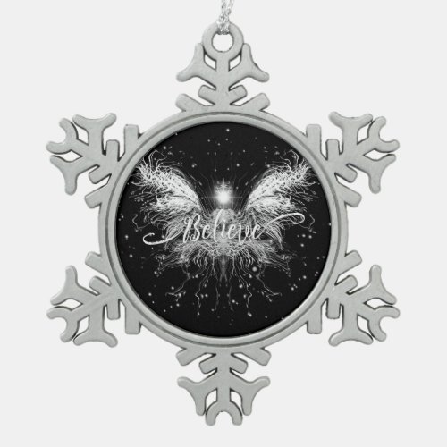 Believe Fairy Starlight Fantasy Black Snowflake Pewter Christmas Ornament