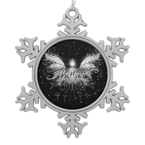 Believe Fairy Starlight Fantasy Black Snowflake Pewter Christmas Ornament