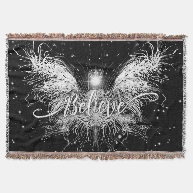 Believe Fairy Starlight Fantasy Black Throw Blanket (Front)