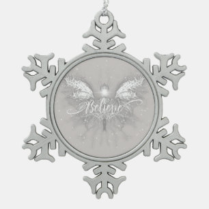 Believe Fairy Starlight Fantasy Snowflake Pewter Christmas Ornament