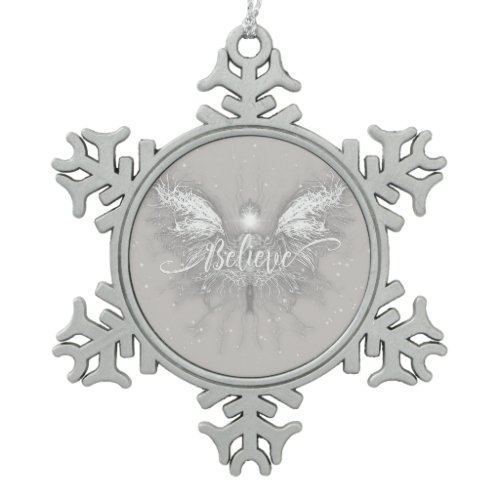 Believe Fairy Starlight Fantasy Snowflake Pewter Christmas Ornament