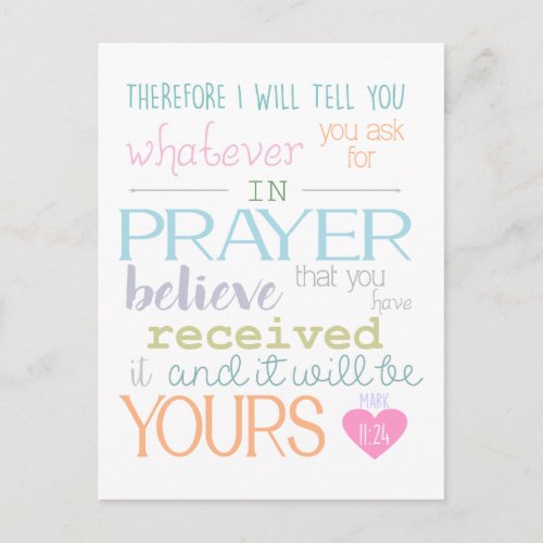 believe faith prayer mark 1124 bible verse postcard