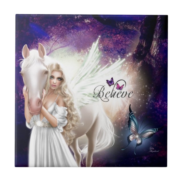 Believe Fantasy Fairy Angel with White Horse Ceramic Tile (Front)