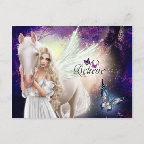 Believe Fantasy Fairy Angel with White Horse Postcard