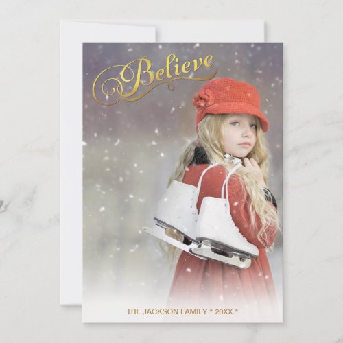 BELIEVE Faux Gold Foil Chic Holiday Photo