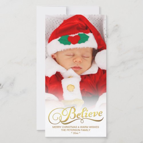 BELIEVE Faux Gold Foil Christmas Photo Card